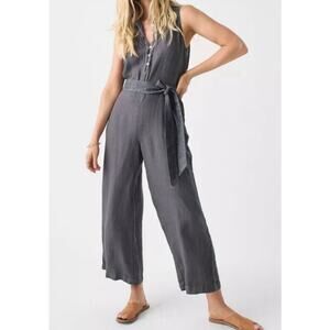 Faherty‎ Hermosa Linen Jumpsuit in Washed Black/gray Full Length Button Sz Small